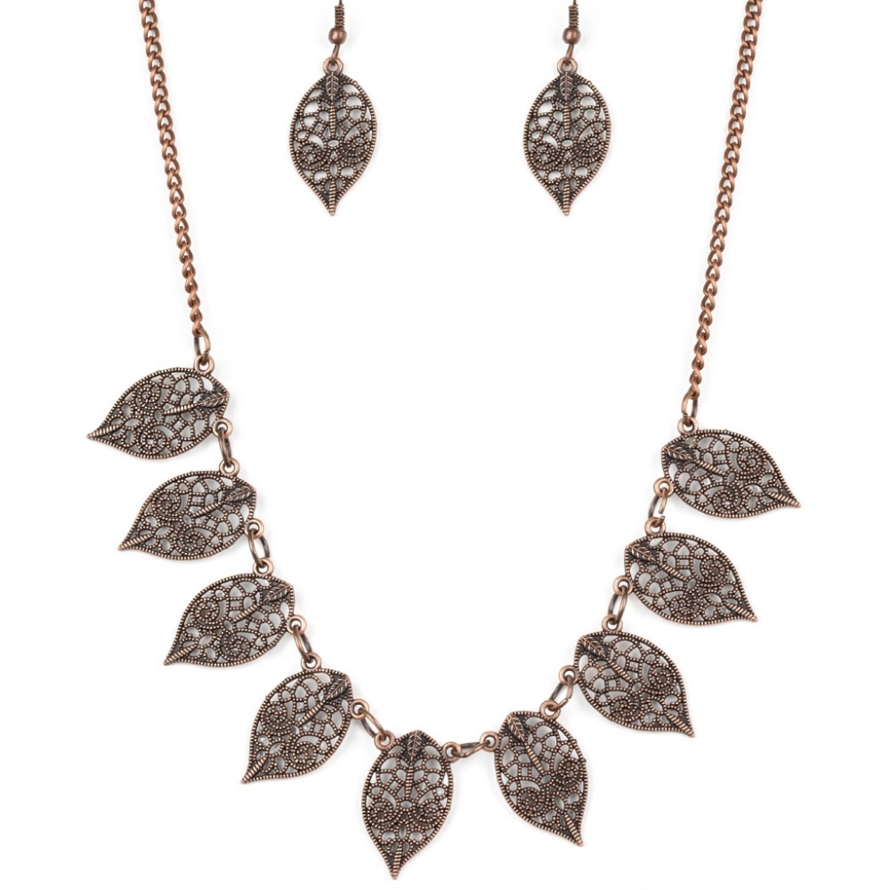 Brass Tone Leaf Necklace Set